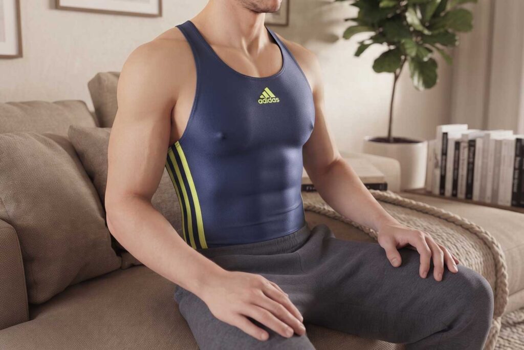 Mann im Adidas Badeanzug auf dem Sofa sitzend
