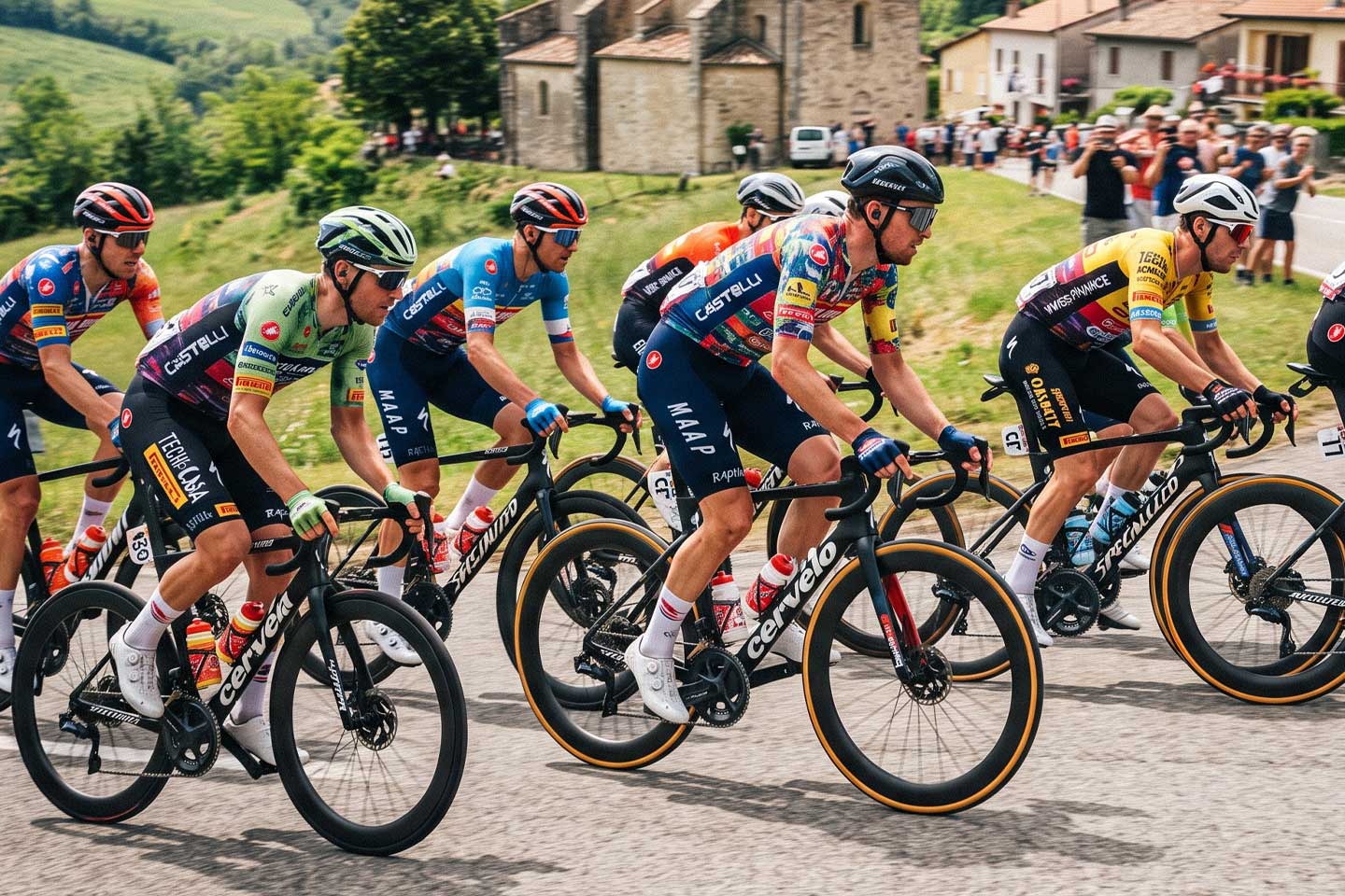 Radrennen mit Lycra Bekleidung und Werbung