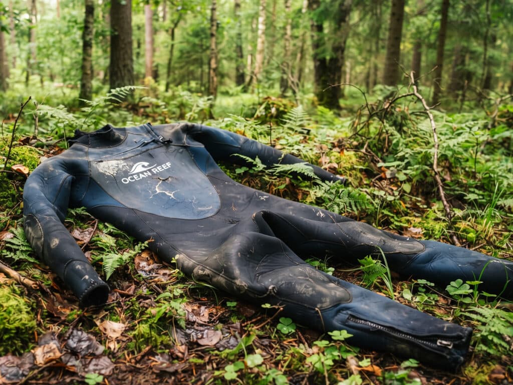 alter Neoprenanzug im Wald auf dem Boden